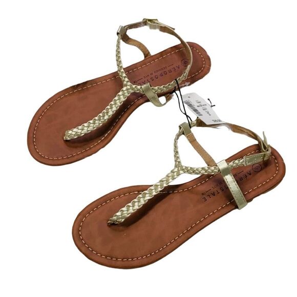 NWT Aeropostale Gold Skinny Braid T-Strap Sandals - Size 6 - Picture 5 of 9